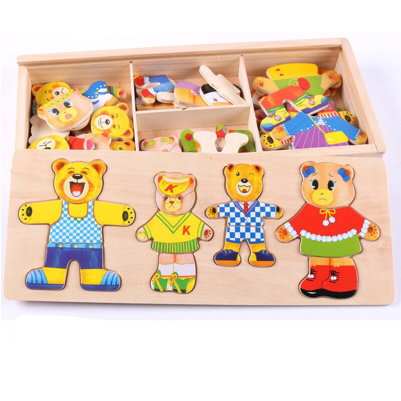 Fidtoy Famille d'ours en bois à habiller pour tout-petits – Jouet éducatif créatif avec tenues et expressions