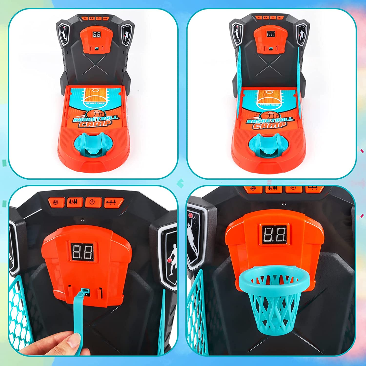 Kids Mini Basketball Hoop Shooting Target Game Toy Indoor Outdoor Desktop Table Sized Basketball Court Moveable Basket Light and Score
