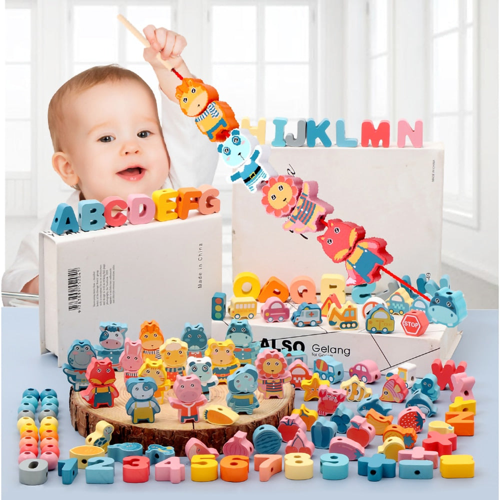 Fidtoy Wooden Stringing Beads Set for Toddlers | Montessori Fine Motor Skills Learning Toy