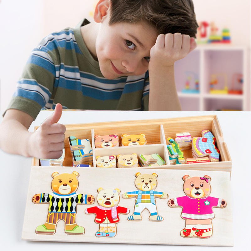Fidtoy Famille d'ours en bois à habiller pour tout-petits – Jouet éducatif créatif avec tenues et expressions