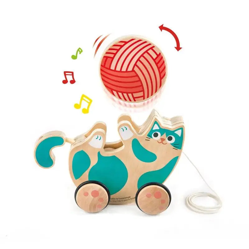 Fidtoy Juguete de arrastre con forma de gatito para bebés, juguete de madera con ruedas para niños pequeños