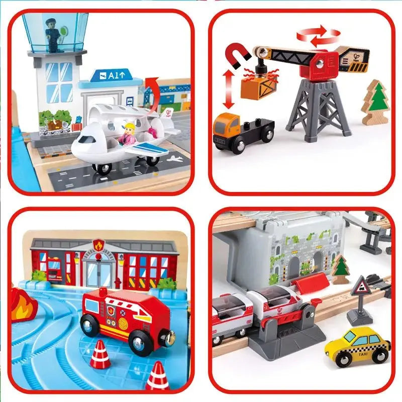 Fidtoy Juego de Tren de Madera para Ciudad, Juguete de Construcción de Ferrocarril de 80 Piezas para Niños