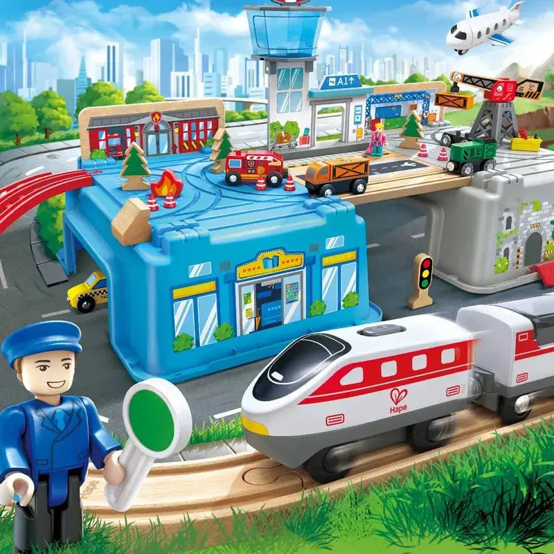 Fidtoy Juego de Tren de Madera para Ciudad, Juguete de Construcción de Ferrocarril de 80 Piezas para Niños