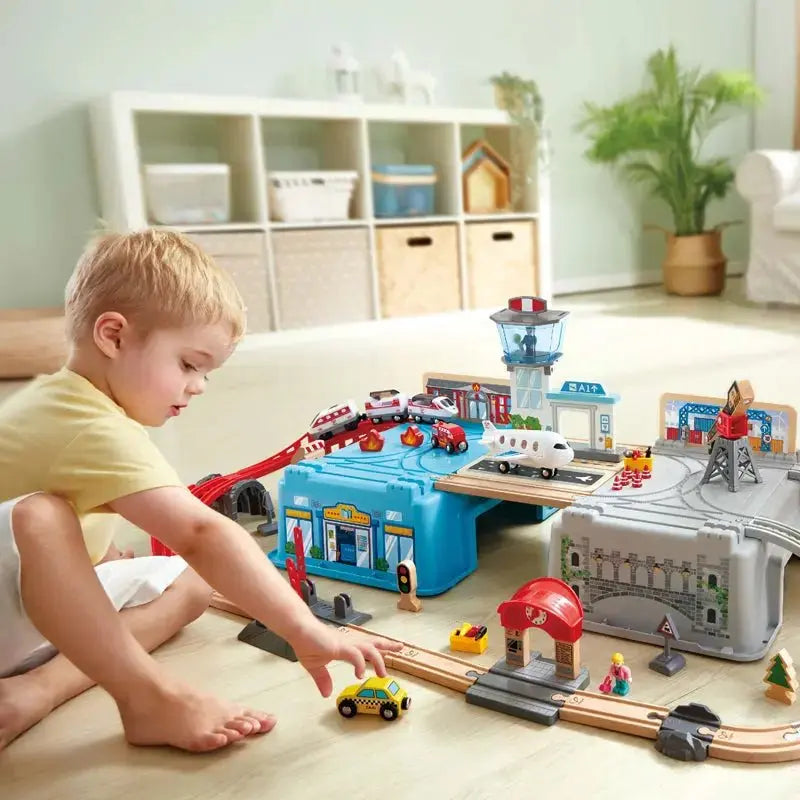 Fidtoy Juego de Tren de Madera para Ciudad, Juguete de Construcción de Ferrocarril de 80 Piezas para Niños