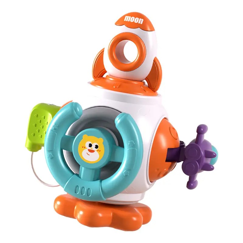 Fidtoy Rocket Montessori Busy Cube for Babies – 6-Sided Sensory Activity Cube with Spinner, Press Button, Pull Rocket, Steering Wheel, Simulated Plug, and Space Play