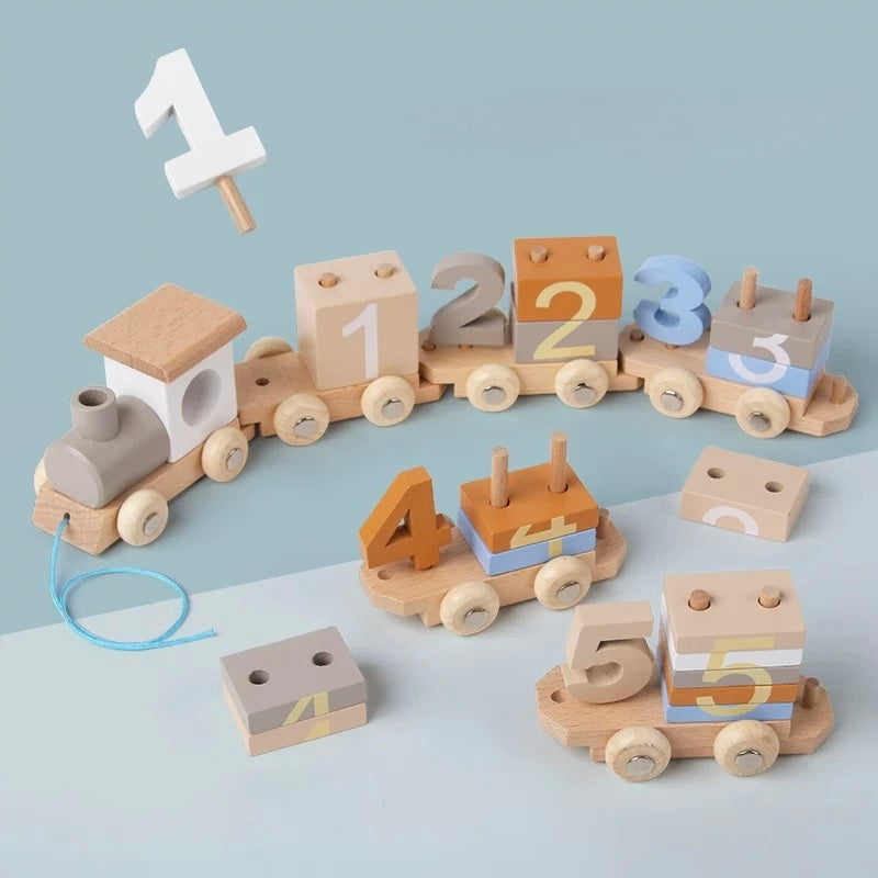 Tren de números de madera – Set Montessori de arrastre para contar para niños pequeños