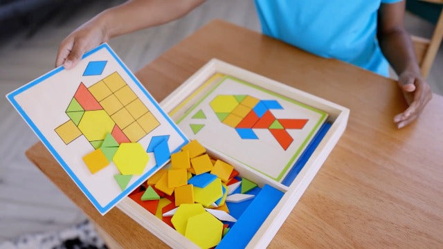 Large Wooden Pattern Blocks Geometric Shapes Puzzle with Flash Cards