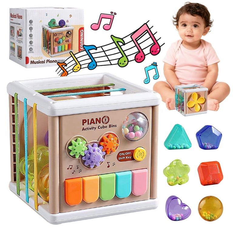 Fidtoy Cube piano d'apprentissage 5-en-1 pour bébés, cube d'activités musicales interactif avec touches de piano, lumières, effets sonores et jeux d'apprentissage précoce pour les 2-6 ans