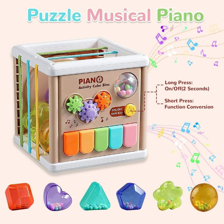 Fidtoy Cube piano d'apprentissage 5-en-1 pour bébés, cube d'activités musicales interactif avec touches de piano, lumières, effets sonores et jeux d'apprentissage précoce pour les 2-6 ans