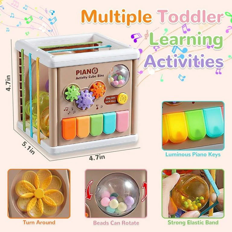 Fidtoy Cube piano d'apprentissage 5-en-1 pour bébés, cube d'activités musicales interactif avec touches de piano, lumières, effets sonores et jeux d'apprentissage précoce pour les 2-6 ans