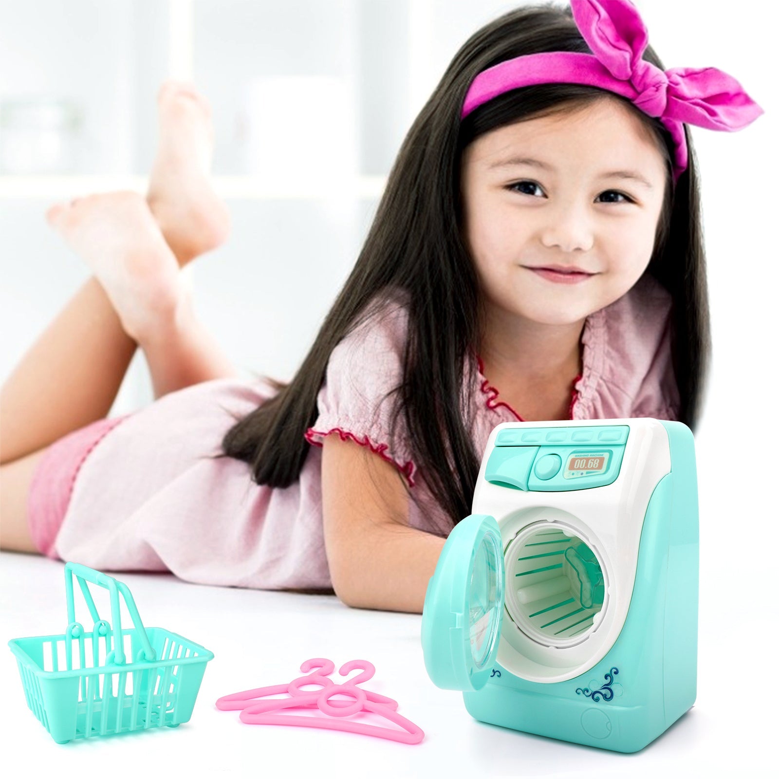 Toy Washing Machine Mini Electric Plastic Washing Machine w/ Realistic Sounds Lights Kids Cleaning Toys Birthday Christmas Gift for Kids