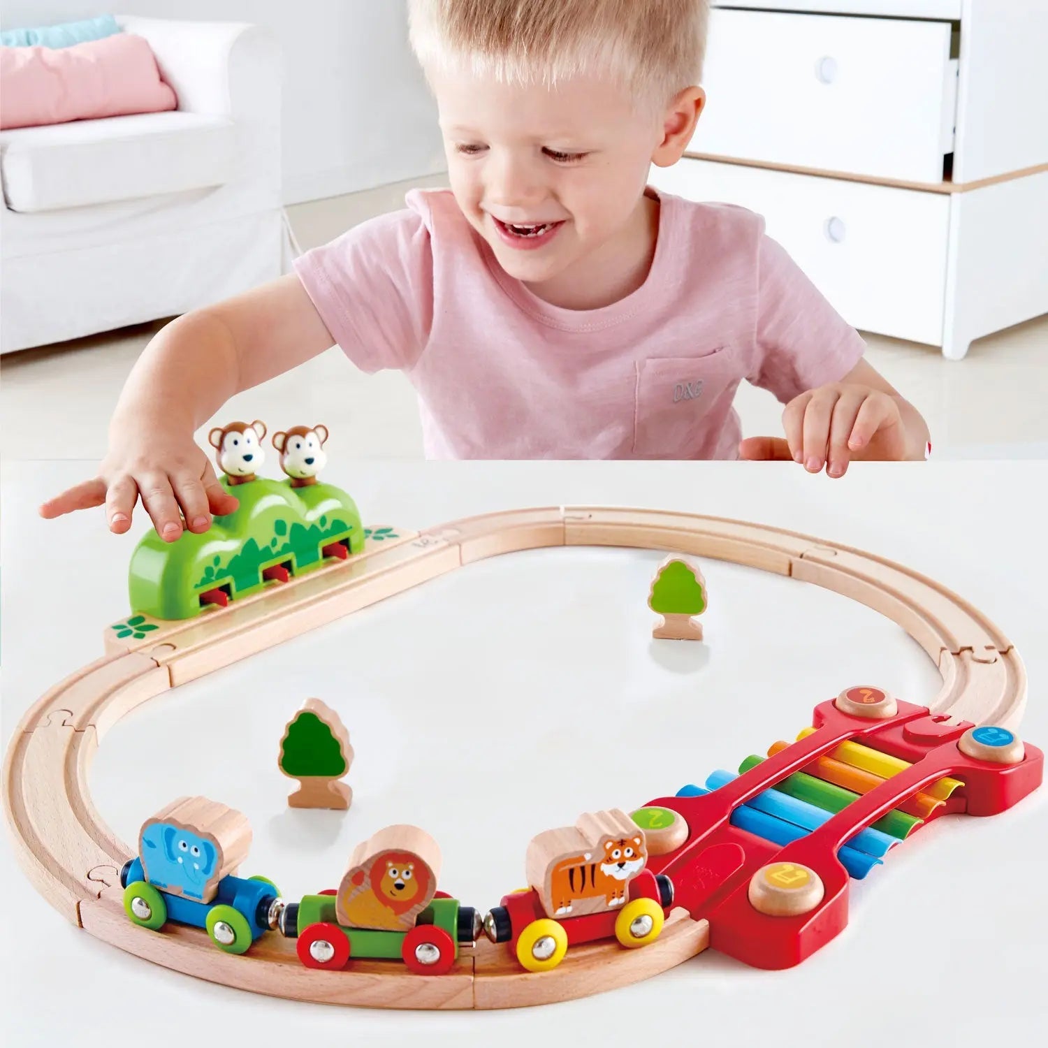 Juego de tren de madera Fidtoy Jungle con pista de música para niños pequeños