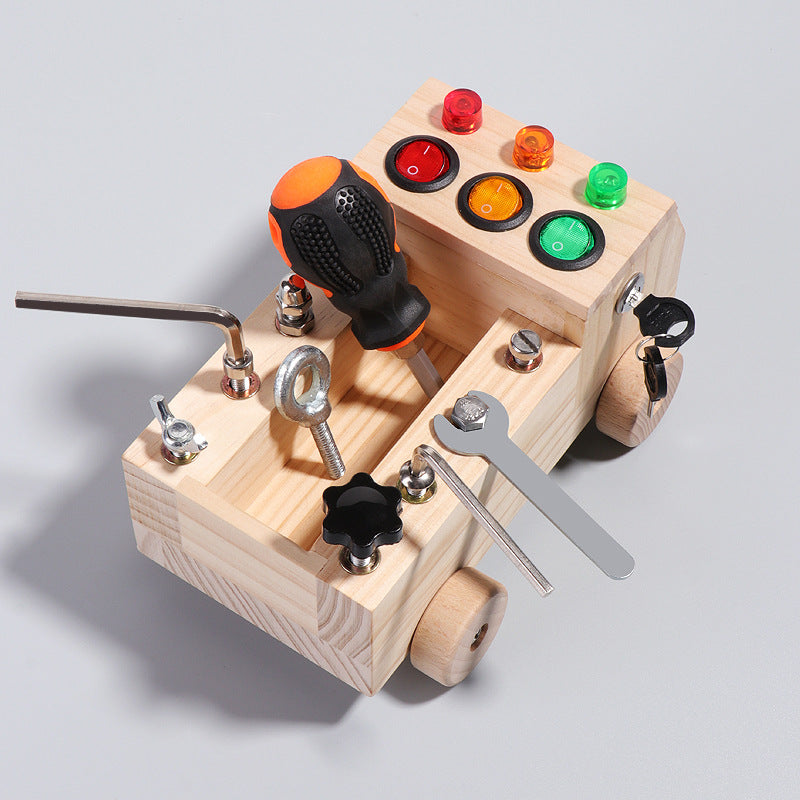 Montessori Wooden FIRE Truck Screwdriver Board with tool kit set Bolts and nuts Cogs LED Switches