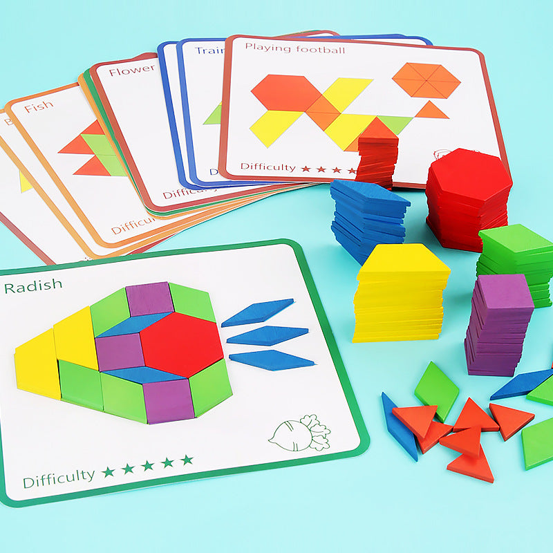 155 pièces de Blocs de Motifs en Bois, Puzzle de Formes Géométriques avec Grandes Cartes Flash