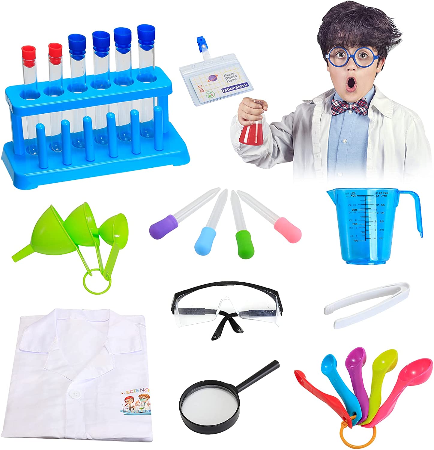 Kit de science de laboratoire de jeu de rôle pour enfants avec lunettes, blouse de laboratoire et variété d'équipement scientifique de jeu pour enfants