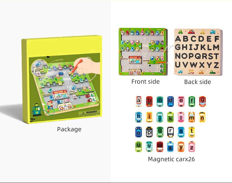 Fidtoy Labyrinthe magnétique de stationnement avec lettres, jouet labyrinthe de voiture alphabet avec 26 voitures lettres et stylo magnétique, jeu d'association majuscules minuscules pour les 3 ans et plus
