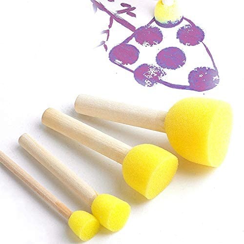 Fidtoy 16-Piece Round Sponge Brush Set for Kids Ages 3+, Wooden Handle Sponge Painting Stampers with 4 Sizes, Yellow Art Brushes for School, Home Painting, Art Studio and Outdoor Doodle Activities