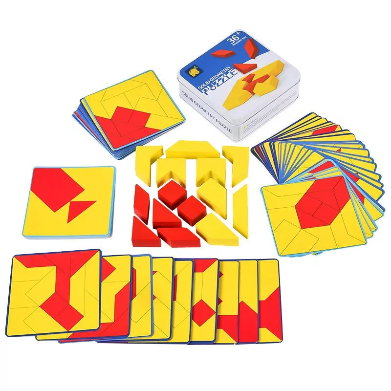 Fidtoy Creative Pattern Wooden Puzzle for Kids Ages 3+, 14 Wooden Blocks with 60 Double-Sided Pattern Cards, Geometric Tabletop Brain Game in Colorful Tin Box