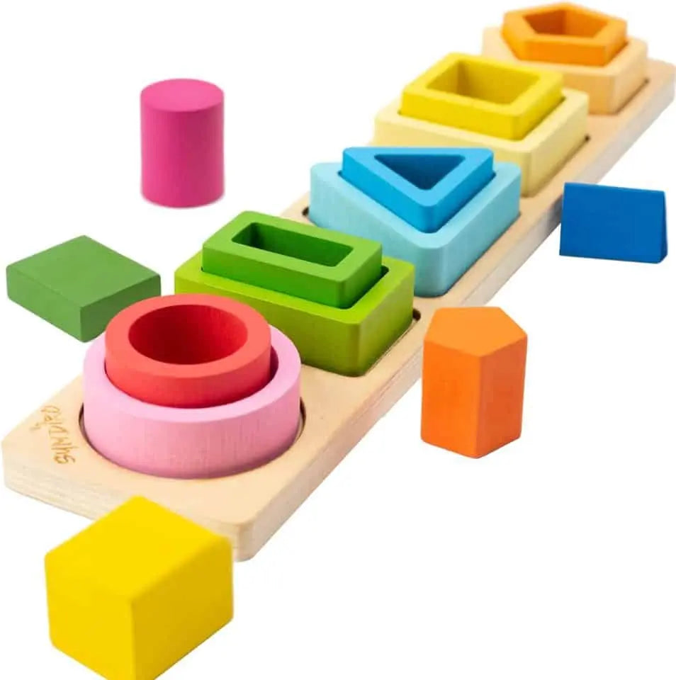 Fidtoy Wooden Shapes Sorting Game Montessori Shape Sorter Toy for Toddlers