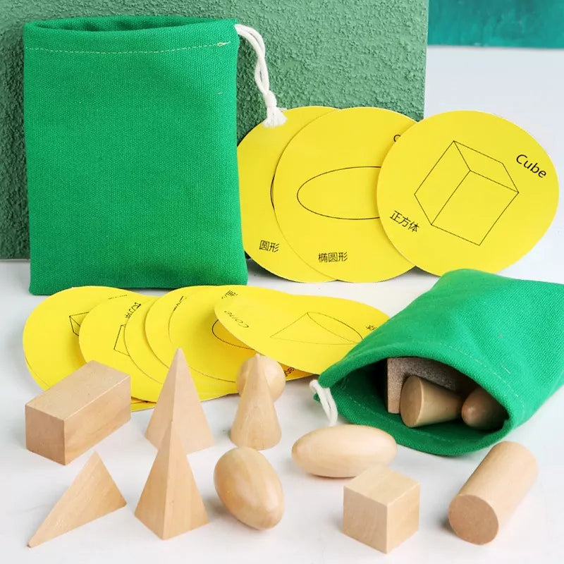 Fidtoy Wooden Geometric Shape Puzzle Set for Kids | 20 3D Shape Blocks, 10 Matching Cards, Montessori Geometry Learning Toy, Spatial Reasoning & Hand-Eye Coordination Toy Age 3+