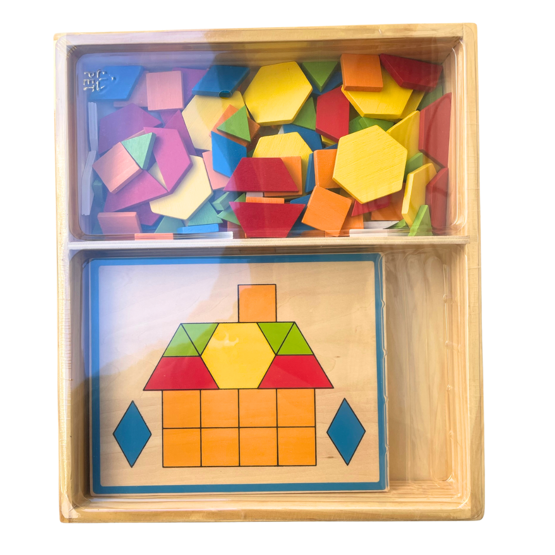Large Wooden Pattern Blocks Geometric Shapes Puzzle with Flash Cards