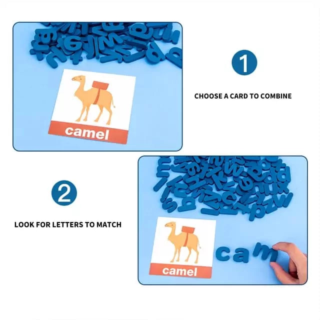 Fidtoy Zebra Jeu d'orthographe en bois pour la construction du vocabulaire, jouet d'association de mots pour la maternelle avec 78 blocs de lettres, 50 cartes et un support de cartes en bois, à partir de 3 ans