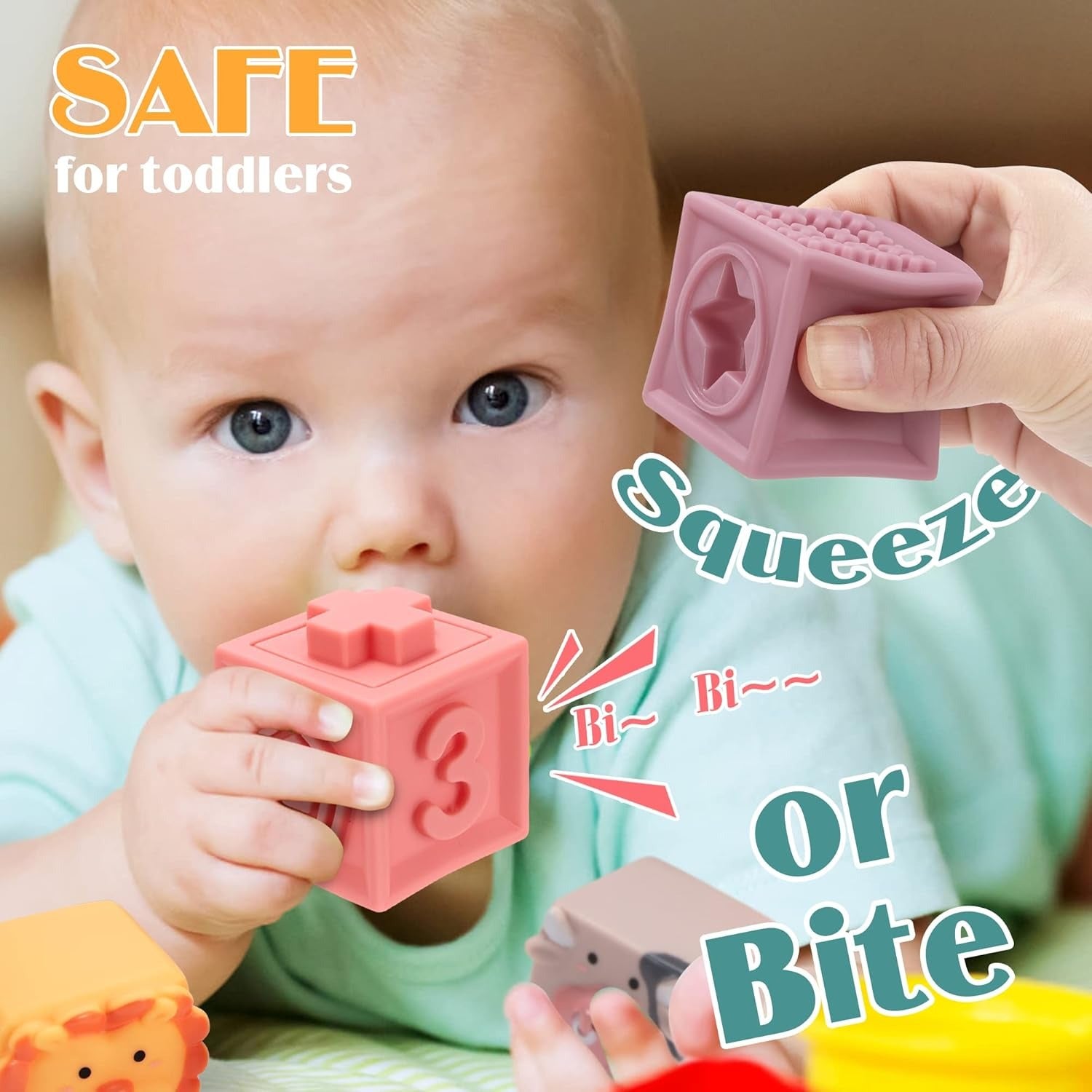 Fidtoy Baby Activity Soft Building Blocks Animal and Number Silicone Stacking Blocks for Babies Ages 0-2 with Animals, Numbers, Colors and Shapes