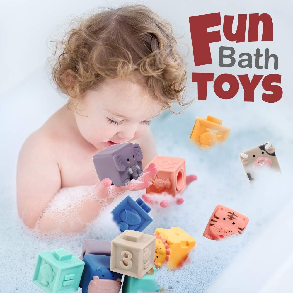 Fidtoy Baby Activity Soft Building Blocks Animal and Number Silicone Stacking Blocks for Babies Ages 0-2 with Animals, Numbers, Colors and Shapes