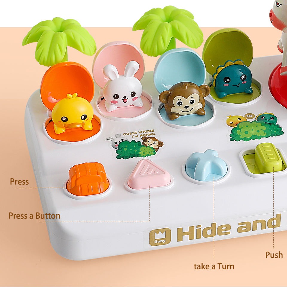 Fidtoy Pop Up Hide and Seek Animal Puzzle for Kids Interactive Animal Carousel Toy with Shape Buttons Fine Motor Play Ages 3+