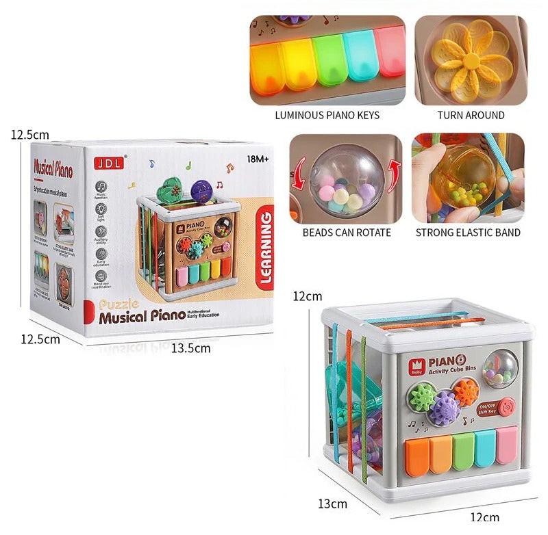 Fidtoy Cube piano d'apprentissage 5-en-1 pour bébés, cube d'activités musicales interactif avec touches de piano, lumières, effets sonores et jeux d'apprentissage précoce pour les 2-6 ans