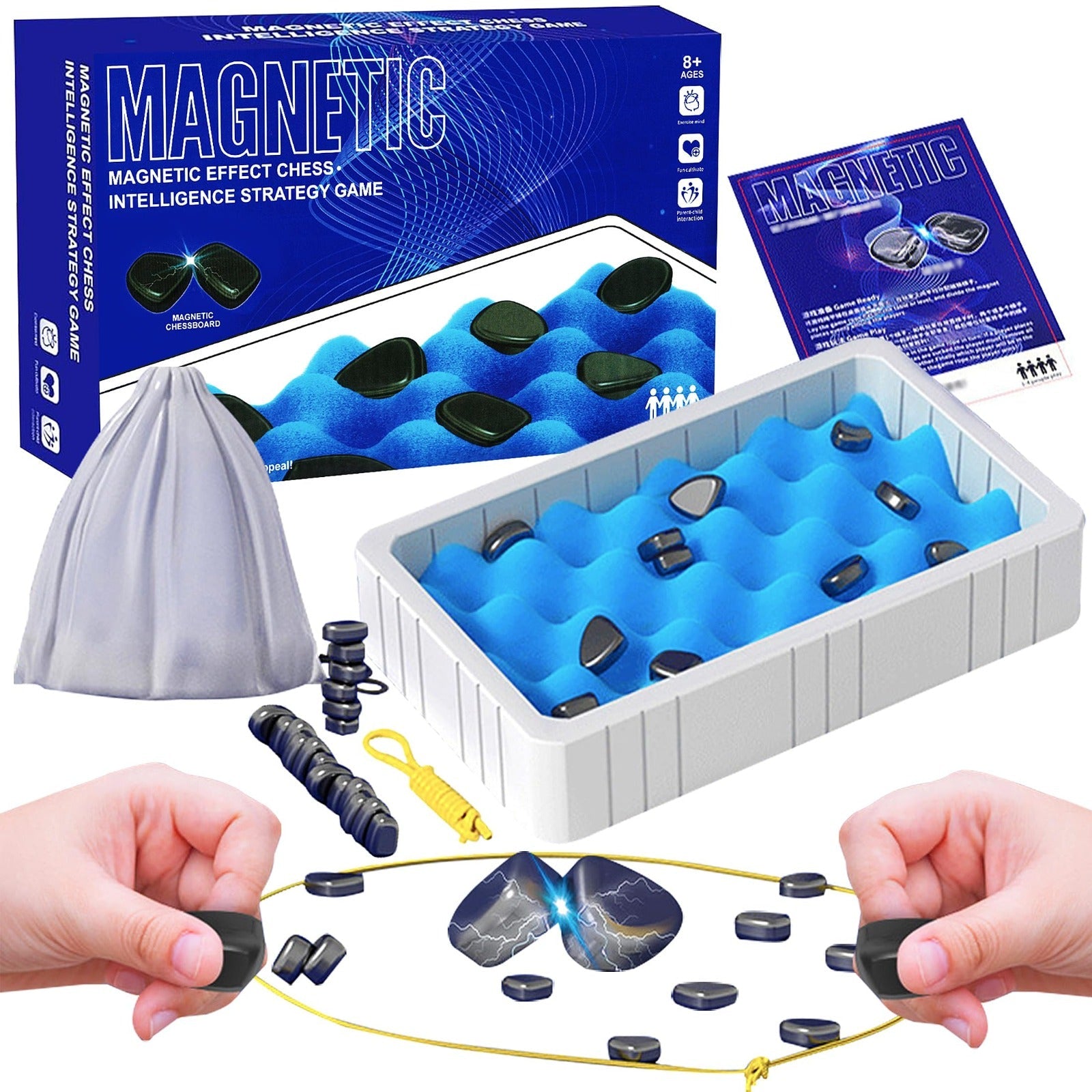 Jeu de société familial Fidtoy Magnetic Effect Chess Stone, Jeu de stratégie en pierre magnétique avec plateau en éponge, corde de jeu et sac de rangement, Jeu de société de logique familiale pour les 3 ans et plus
