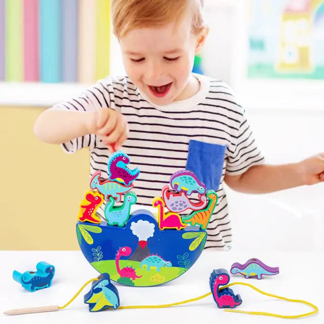 Fidtoy Wooden Dinosaur Balancing Blocks and Lacing Toy for Kids | Montessori Stacking Balance Game, Dinosaur Threading Toy, Hand-Eye Coordination & Fine Motor Toy Age 3+