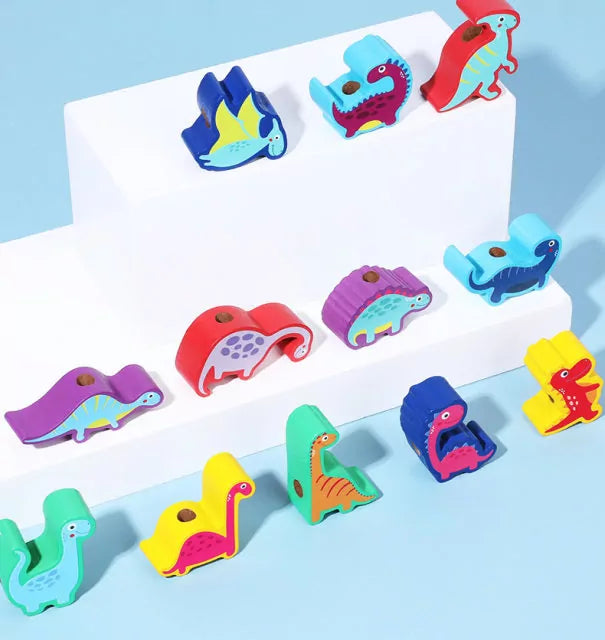 Fidtoy Wooden Dinosaur Balancing Blocks and Lacing Toy for Kids | Montessori Stacking Balance Game, Dinosaur Threading Toy, Hand-Eye Coordination & Fine Motor Toy Age 3+
