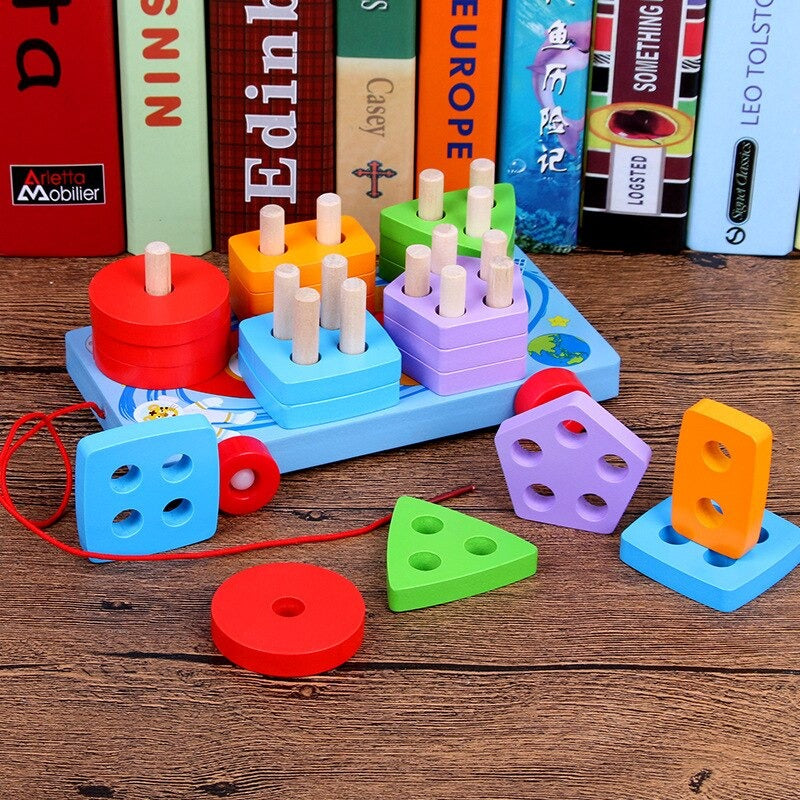 Fidtoy Wooden Geometric Shape Sorter Pull Car with 20 Colorful Blocks and Stacking Board for Toddlers 24+ Months