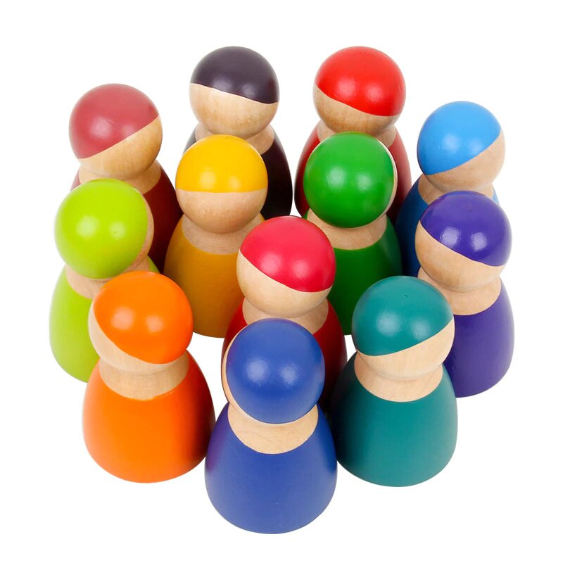 Fidtoy Amis en Bois Arc-en-ciel, Set de Poupées en Bois pour Enfants 3 ans et plus