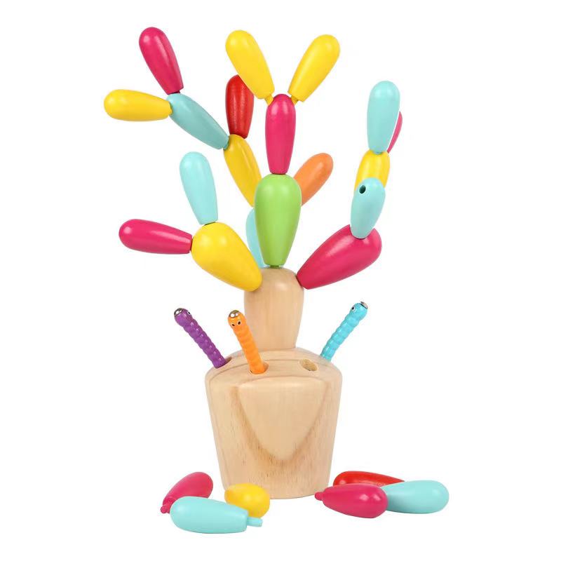 2 in 1 Wooden Cactus and Worm Catching Game - Fine motor skills toys