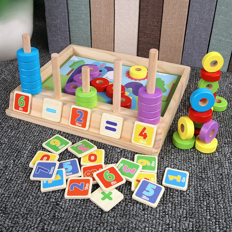 Fidtoy Wooden Number Counting Ring Board with Animal Puzzle Cards for Preschool Math Learning Toy