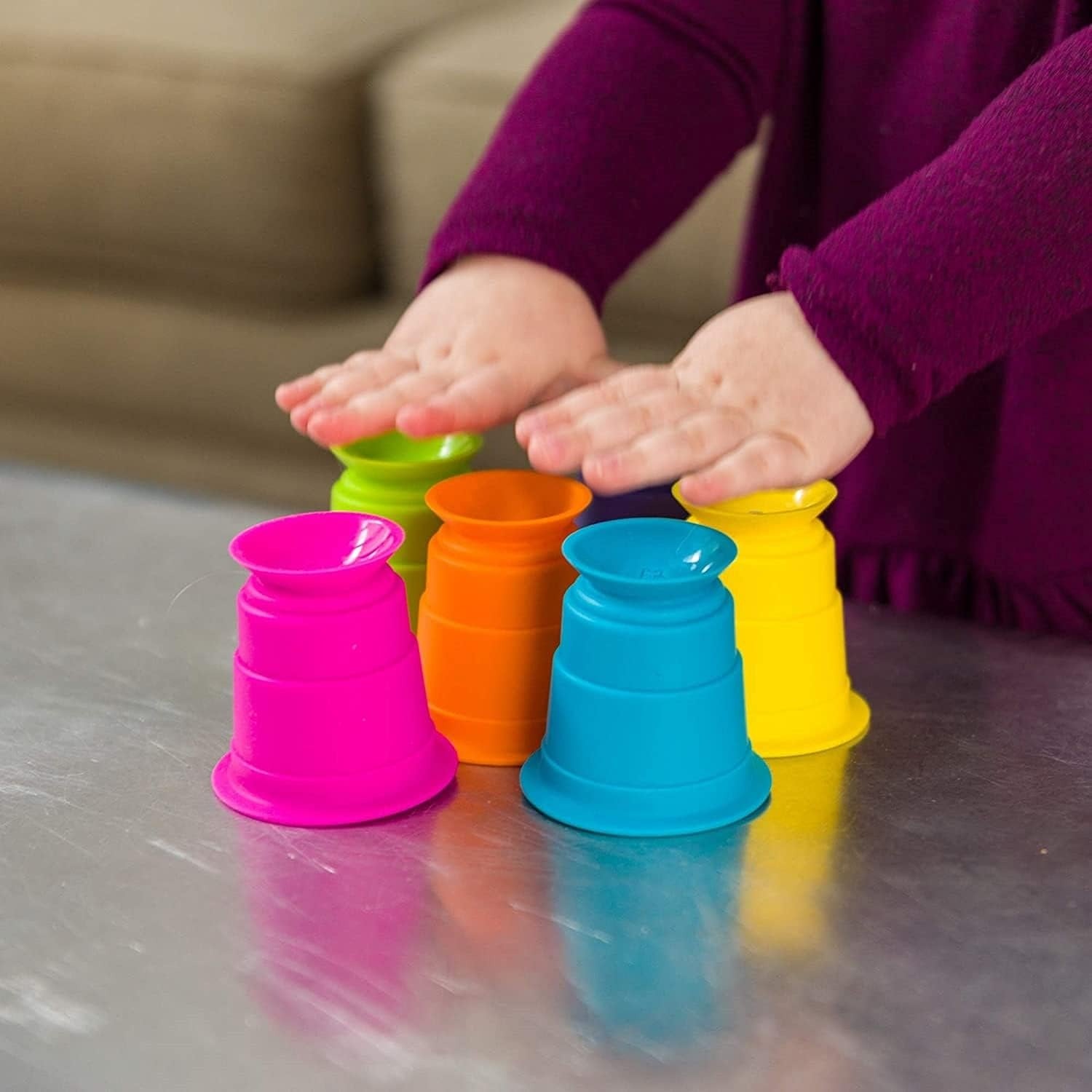 Fidtoy Gobelets empilables souples et colorés en caoutchouc, 6 pièces, jouet de bain pour bébé pour l'apprentissage précoce