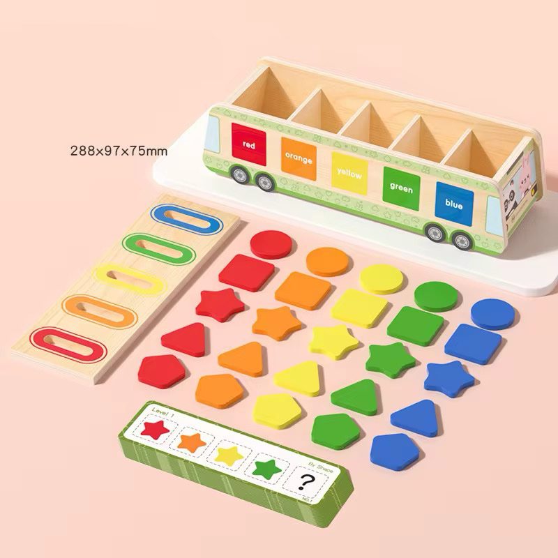 Actividad de caída de monedas con forma de autobús de madera y colores – Juguete de clasificación de motricidad fina con tarjetas didácticas de patrones