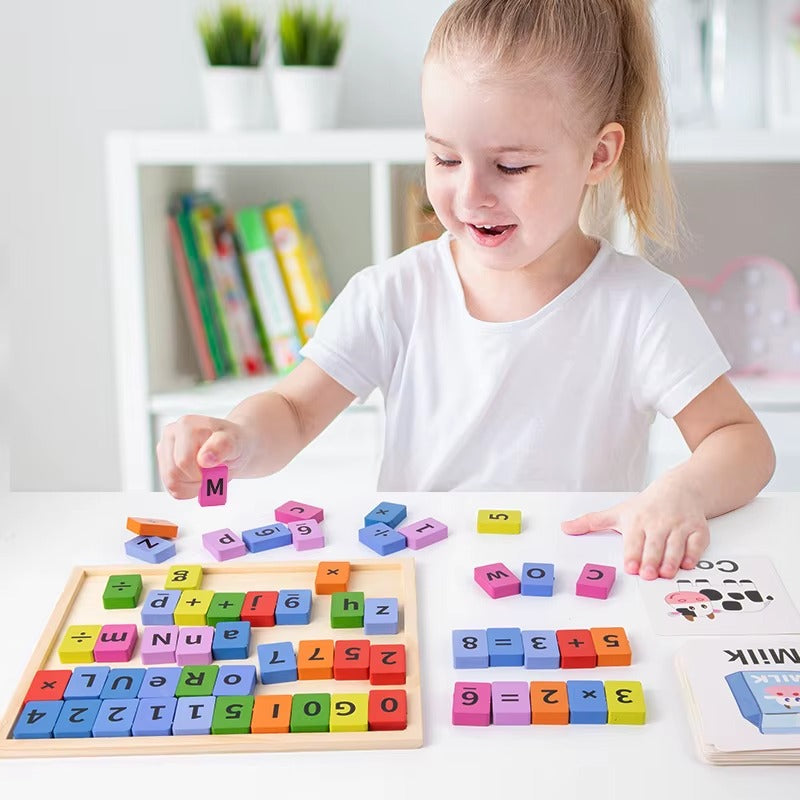 Fidtoy Jeu d'élimination 2 en 1 multifonctionnel mathématiques et orthographe, tableau d'apprentissage double face en bois chiffres et lettres, jouet Montessori pour l l'éducation précoce des 2-6 ans