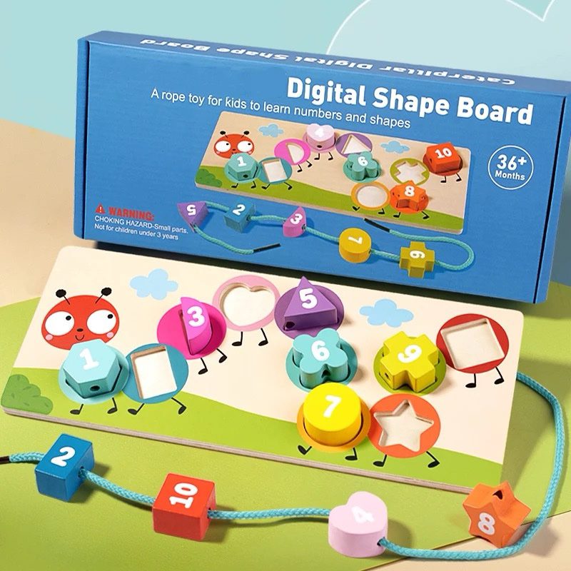 Montessori Counting and Shape Sorting Toy – Wooden Lacing Board for Preschool Math and Fine Motor Development