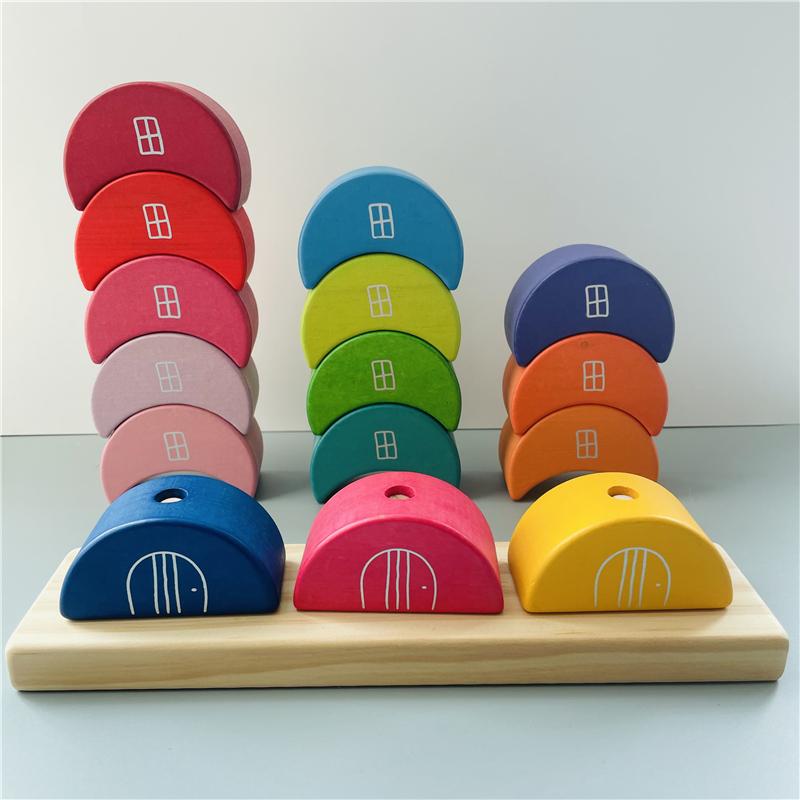 Fidtoy Blocs de construction en bois Lune à empiler, jouet d'équilibre arc-en-ciel pour enfants
