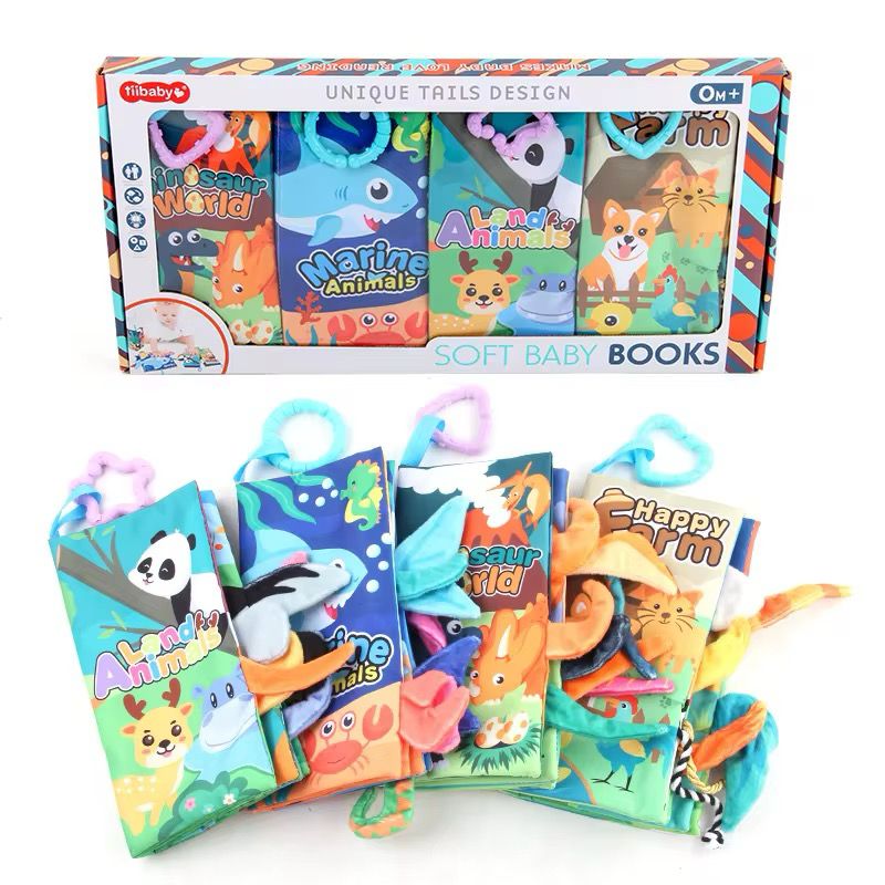 4-in-1 Animal Tails Soft Baby Books - Sensory Cloth Books for Early Learning