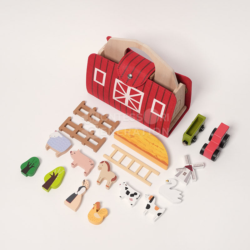 Fidtoy Traveling Farm Play Set for Toddlers – Portable Pretend Play Toy with 16 Wooden Animals Age 2+