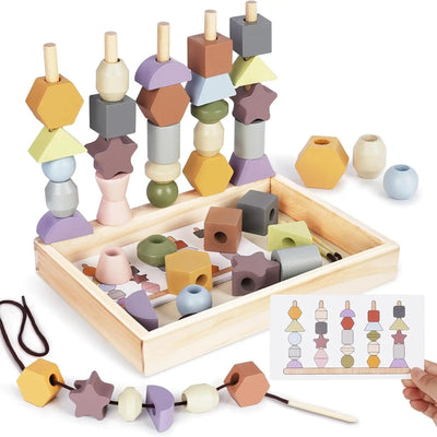 Fidtoy Wooden Toy for Toddlers Color Shape Matching Stacking Threading Learning Toy Set