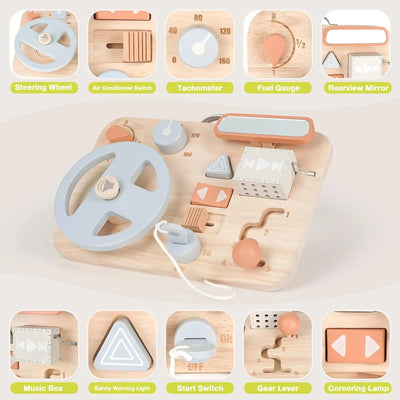 Fidtoy Montessori Busy Board Wooden Car Dashboard Toy for Toddlers Travel Sensory Activity Board