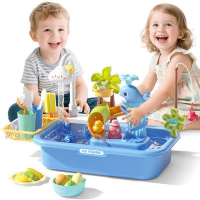Pretend Play Kitchen Sink with Real Running Water -4-in-1 Water Play Table, Floating Pool, Fishing & Duck Slide Game - Interactive Washing Up Toy for Toddlers & Kids (Blue
