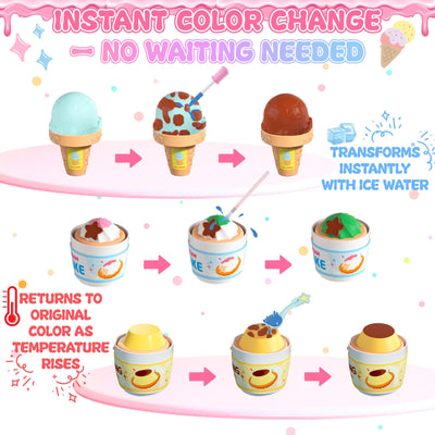Coffret de Pâtisserie 2-en-1 Changeant de Couleur - Jouet Glace et Gâteau avec Changement de Couleur à l'Eau Glacée, Jouets de Cuisine pour Enfants, Cadeaux d'Anniversaire pour Filles et Garçons