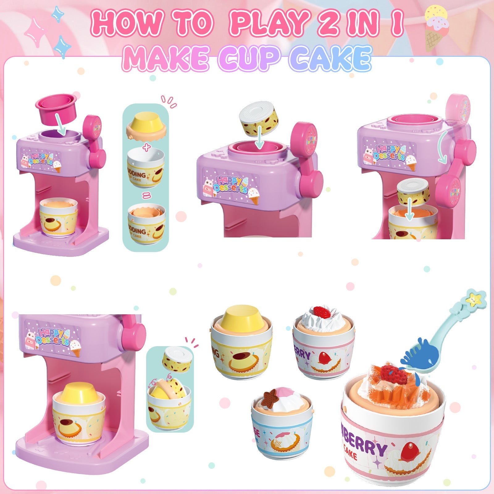 Coffret de Pâtisserie 2-en-1 Changeant de Couleur - Jouet Glace et Gâteau avec Changement de Couleur à l'Eau Glacée, Jouets de Cuisine pour Enfants, Cadeaux d'Anniversaire pour Filles et Garçons