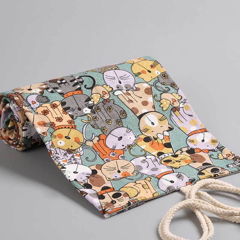 Fidtoy 36-Hole Rolling Pencil Case for Kids and Artists, Canvas Pencil Roll Organizer with Cartoon Cat Design